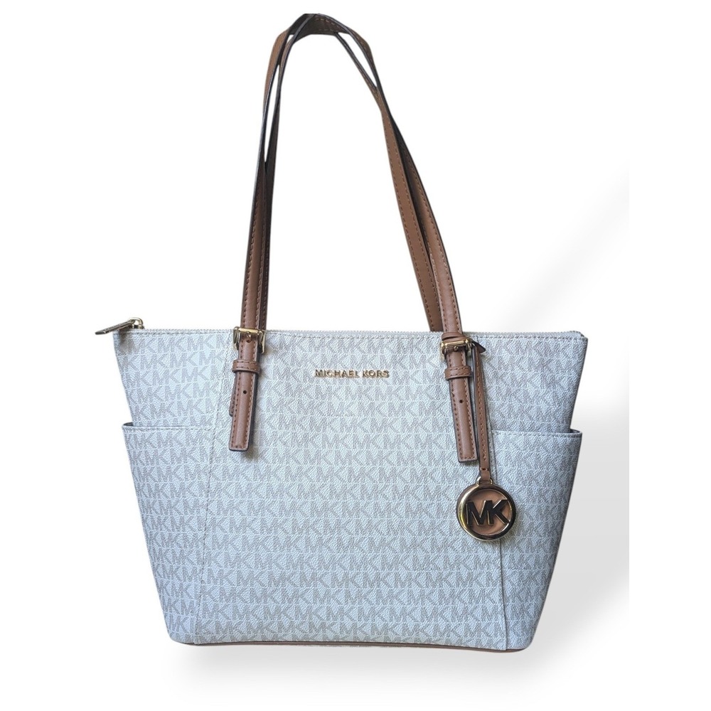 Michael Kors Charlotte Tote Signature Women's Jetset Vanilla Acorn Golden Logo